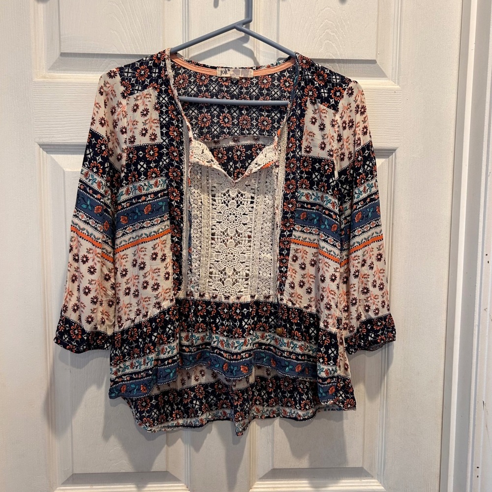 Jolt Boho Patchwork‎ Crochet Tassel 3/4 Sleeve Top Womens S Floral Print Boho